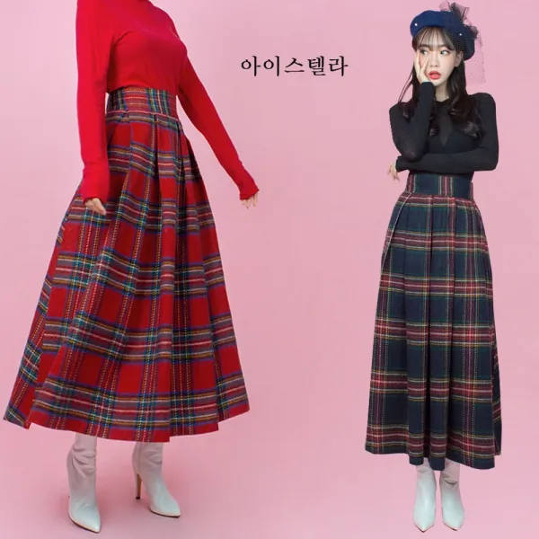 레드 네이비 모직 체크 주름 밴딩 롱스커트 울스커트 겨울스커트 겨울치마 모직치마 모직스커트 플레어스커트 플리츠스커트 A라인스커트 타탄체크 크리스마스 연말룩 주름치마 체크치마 밴딩스커트 레드체크 하객스커트 파티룩 데이트룩 데일리스커트