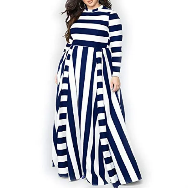 YUHENG Women Plus Size Dress Long/Short Sleeves Stripes Party Dress Long Maxi Dress