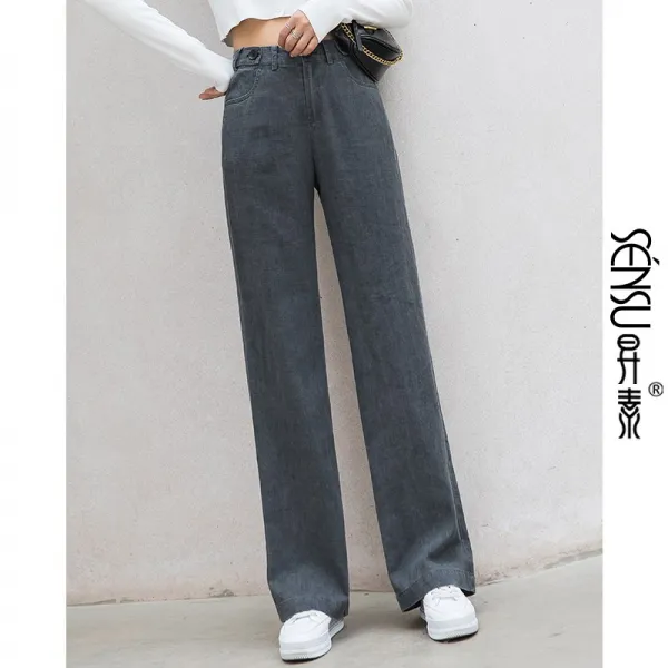 승소 블랙 와이드 팬츠 여 하이웨이스트 통 면마 슬렉스 리넨 춘추 얇