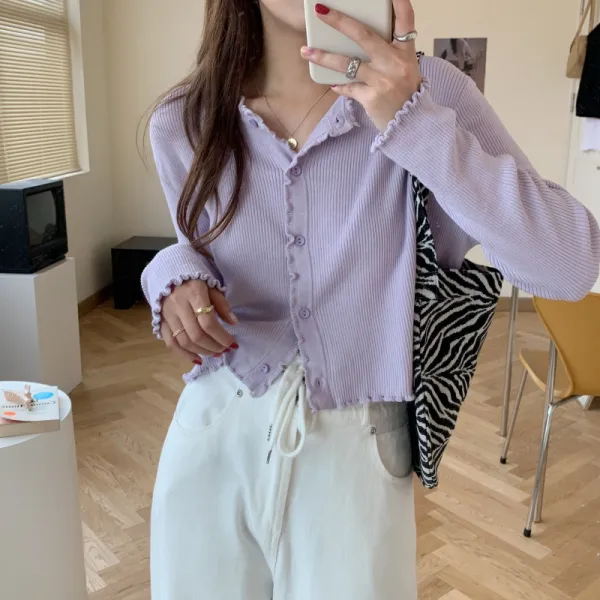 마중마켓 브이넥긴팔니트 만유 솔리드 무지 슬림핏 페블럼라인 상의 봄계절 소매 작은 카디건 여성