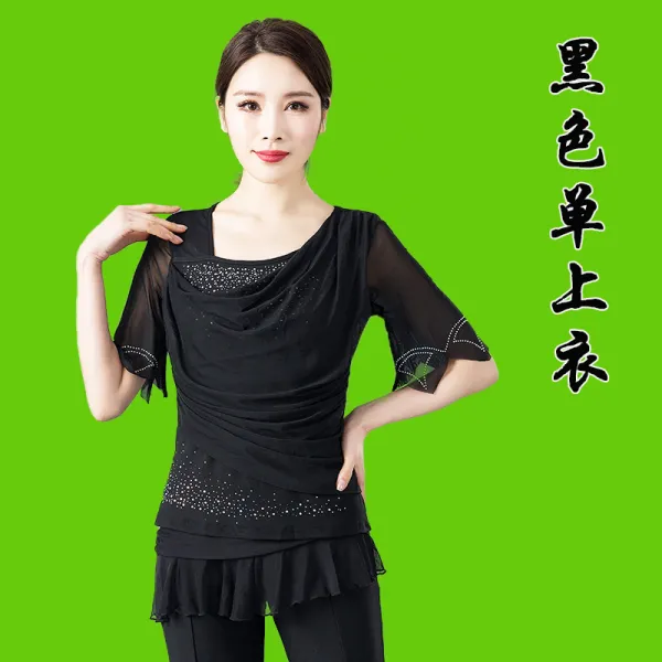댄스복 라틴 춤상의 반팔 여성여름옷 무용 트레이닝복 모던 추다.사교 성인 댄서 의류, C01-블랙