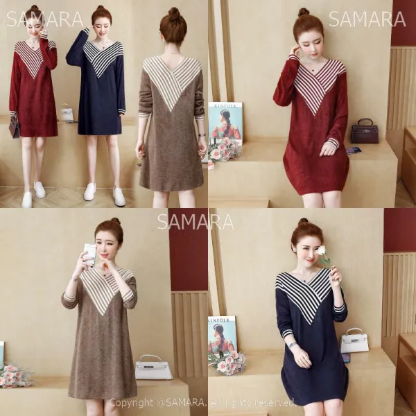 Qterra 특허브랜드 빅사이즈 원피스 브이넥 미디 니트원피스 스웨터