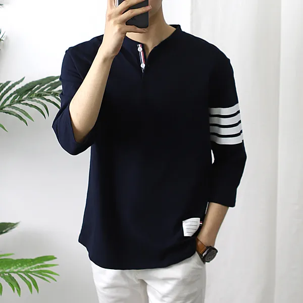 후앙스 오버핏 사선테잎 헨리넥 7부 티셔츠 Idrt 3036 네이비