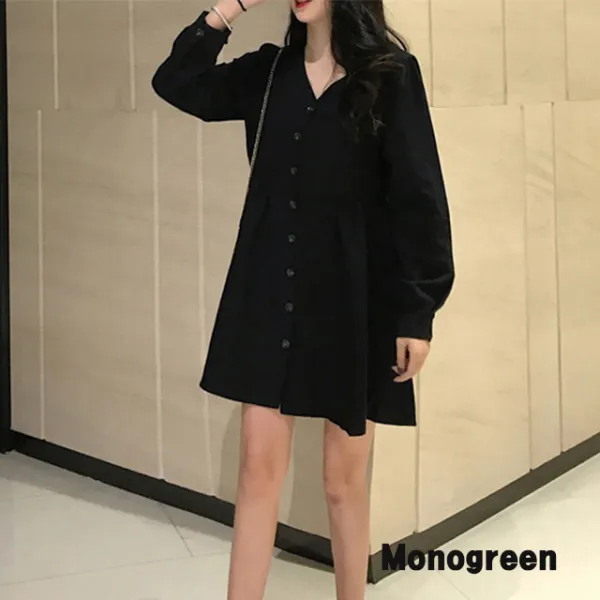 모노그린 브이넥 긴팔 주름 원피스 루즈핏 캐주얼 여성 빅사이즈 TOB10126