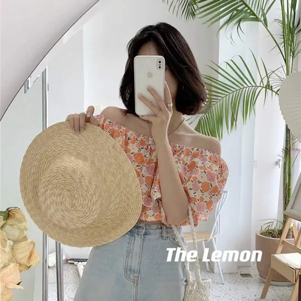 THELEMON 여름 기계 조심 노골적으로 한다 오픈숄더 여성 디자인 감각 보이핏 볼륨 숏 시크 플라워