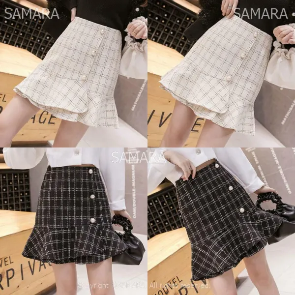 Qterra 특허브랜드 트위스트 프릴 체크 스커트 치마 힙업 A라인 언발