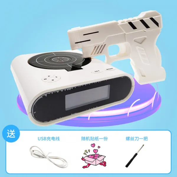 LED 무조건 일어나는 과녁 건 클락 권총 알람 디지털 탁상 모닝콜 데스매치 강철부대 선물 시계 사격, 화이트 / USB 충전선케이블