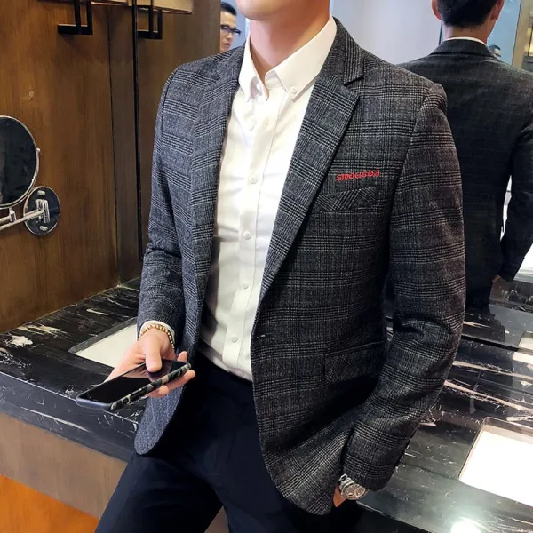 위파인더 트렌드 세터 청년 스몰 수트남한 캐주얼 체크 도시풍 싱글 코트 라이트 정장남, L