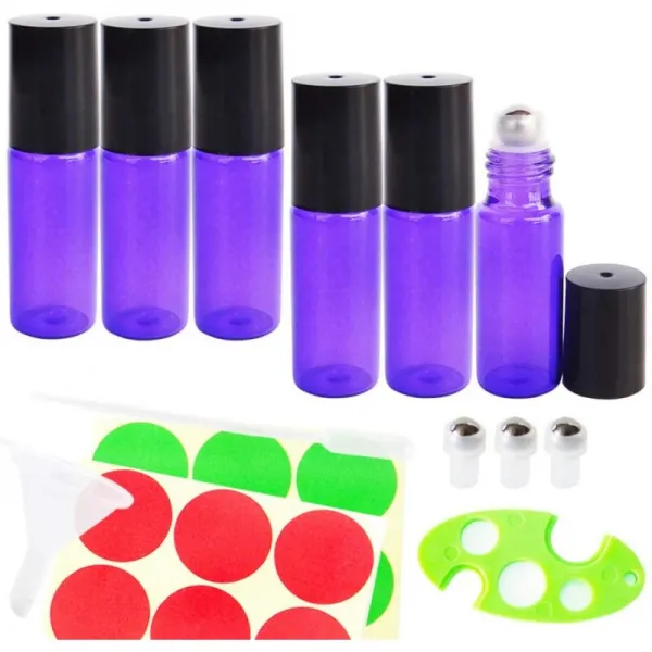 포치 GreatforU 6pcs 5ml 리용 블루 빈 유리 롤온 병 에센셜 오일 향수 여분의 0.5ml 피펫 미니 깔때, 단일상품