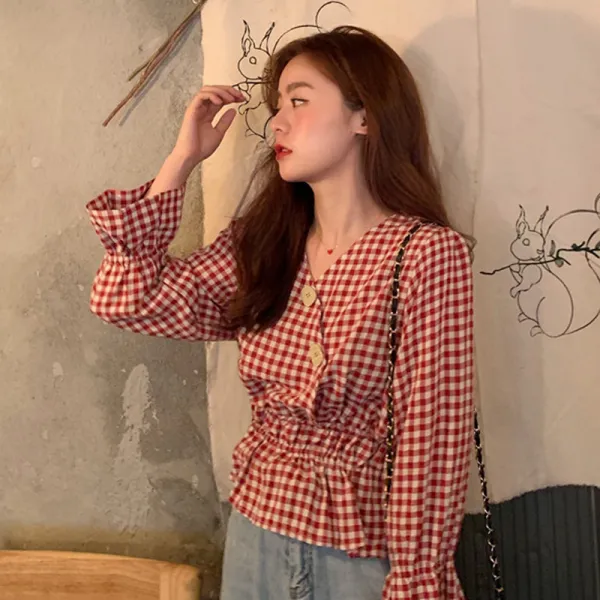 네이키드 하트 스커트 체크 v넥 블라우스 소녀 디자인 소중수 허리 날씬해 보이는 서양기 쇄골 상의