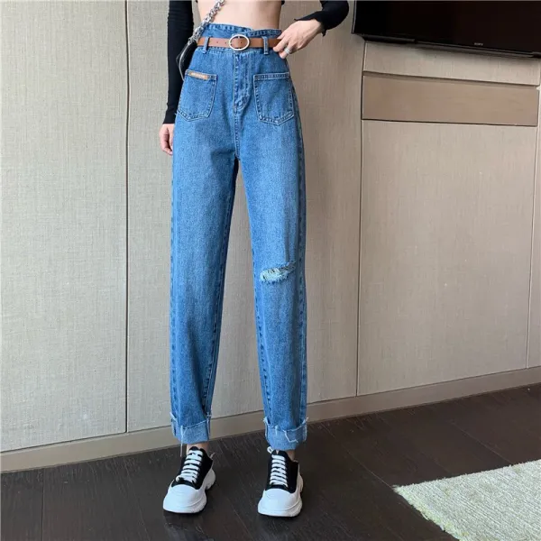 오른쪽 베이지 CHIC 개성 착오 위치 하이웨스트 디자인 감각 포켓 와이드 슬림핏 와이드체스트 청바지 여자 트렌드
