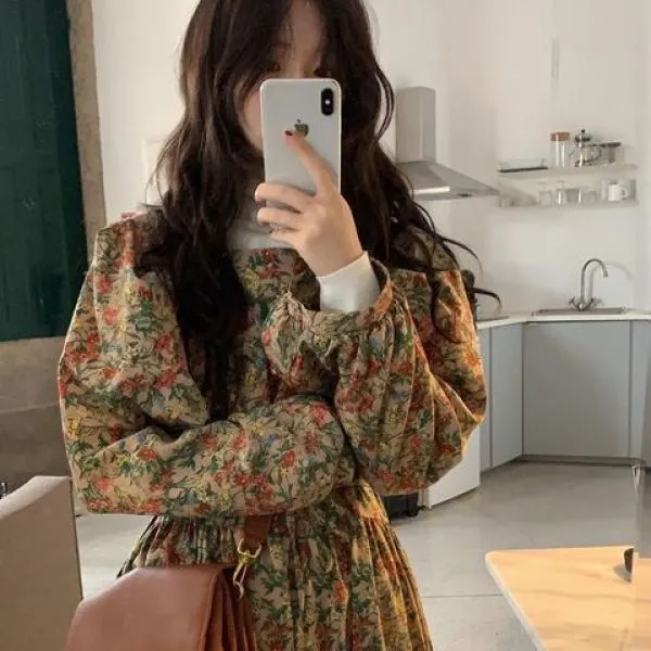 스퀘어넥 퍼프 소매 플라워 드레스 상견례 하객 옷차림 편안한 원피스