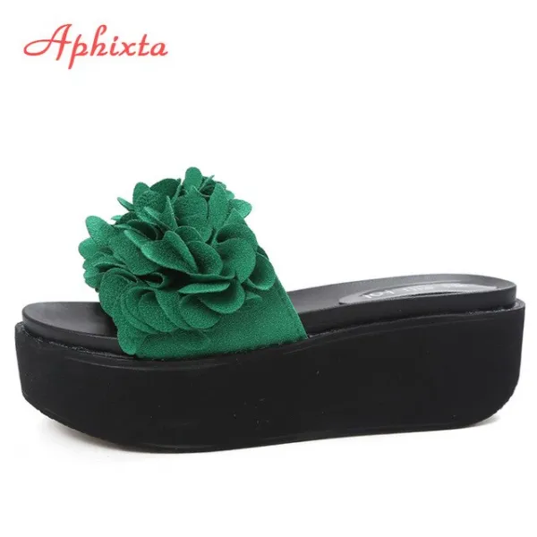 Aphixta 꽃 플랫폼 웨지 슬라이드 여성 자수 신발 방해물 Riband 그린 샌들 플립 플롭 자수 슬리퍼 Pantouf
