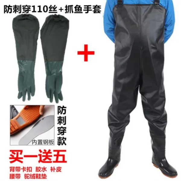 가슴장화 남녀 두께 반신 입수 낚시바지 아쿠아 고기잡이 위아래연결된 레인부츠레인팬츠 부츠컷팬츠, T02-38, C20-낚시 장갑+뚫림방지 블랙색 110실크 E