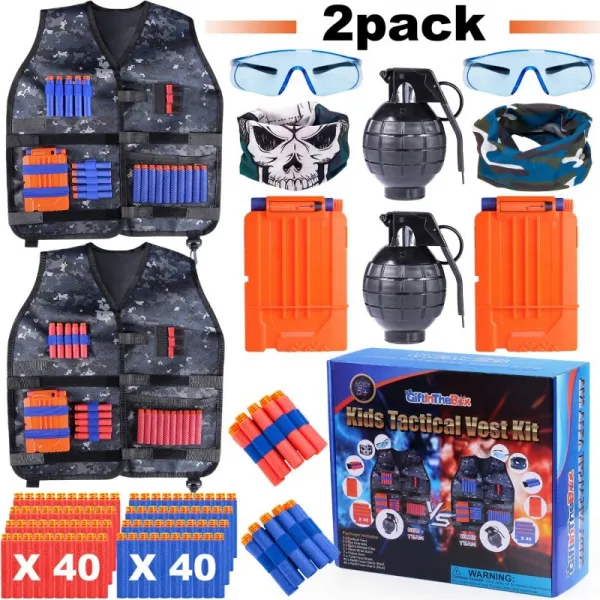 Giftinthebox 2 팩 조정 가능한 아이 Nerf 총을위한 전술 자켓 조끼 키트 80 총알 리필 다트 2 장난감 수류탄 2 개 재 장전 클립, 단일옵션