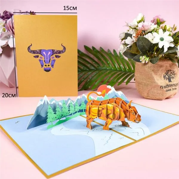 10 Pack 3D Bull 팝업 생일 카드 아빠를위한 아버지의 날 비즈니스 선물 귀여운 만화 동물 인사말 카드 수제, 10 cards