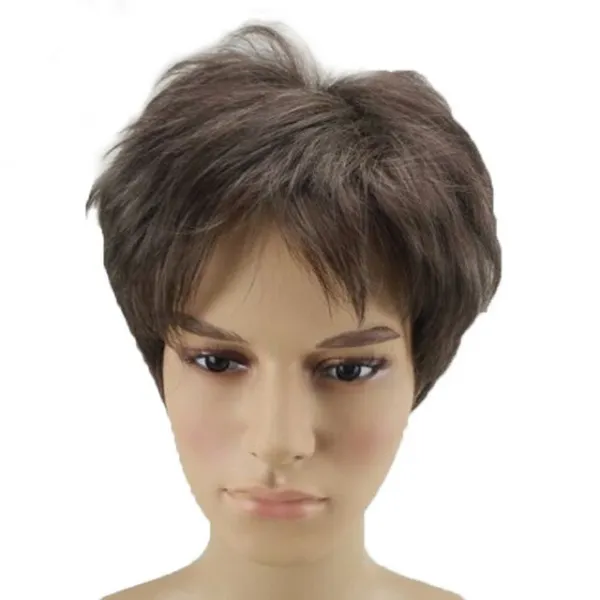HAIRJOY 남자 합성 머리 Natrural 블랙 짧은 계층화 된 가발 1B 색상 남성 곱슬 전체 가발 무료 배송, 01 8inches, 02 브라운