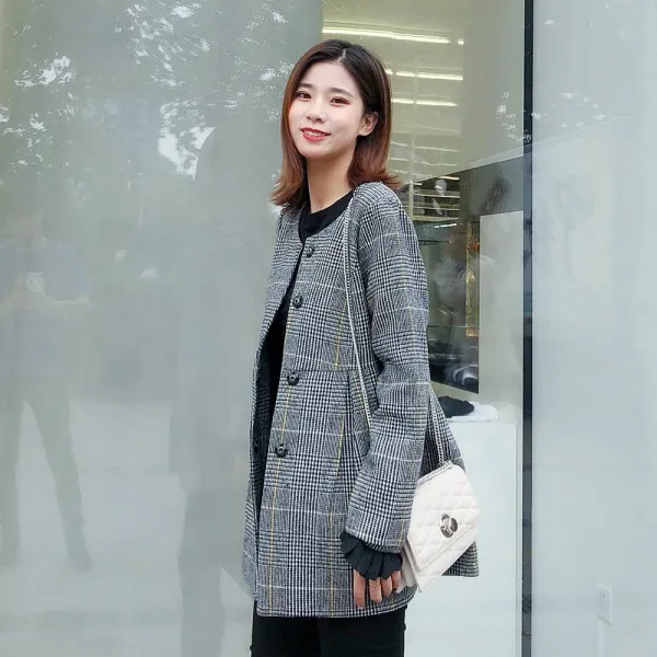 글로벌지니 겨울 가을 슬림 보카시 여성 체크 작은 키 모직물 트렌치코트