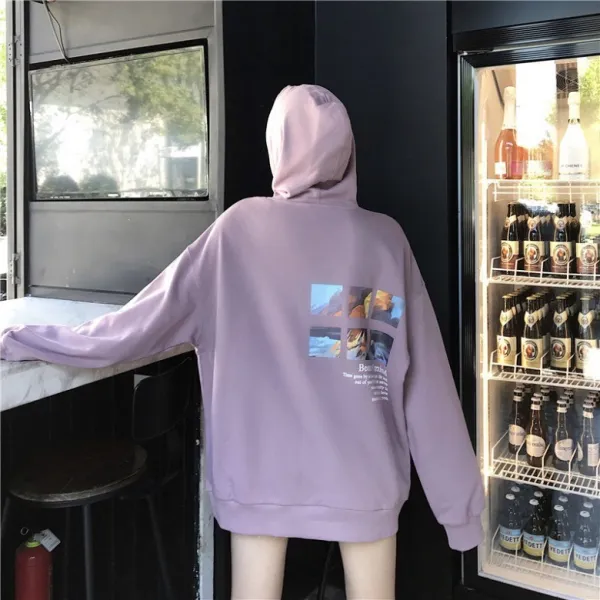 빅퀸 여성 캐주얼룩 등판 그림 레터링 프린트 보이프렌드핏 루즈핏 스쿨룩 후드티 맨투맨 B5506