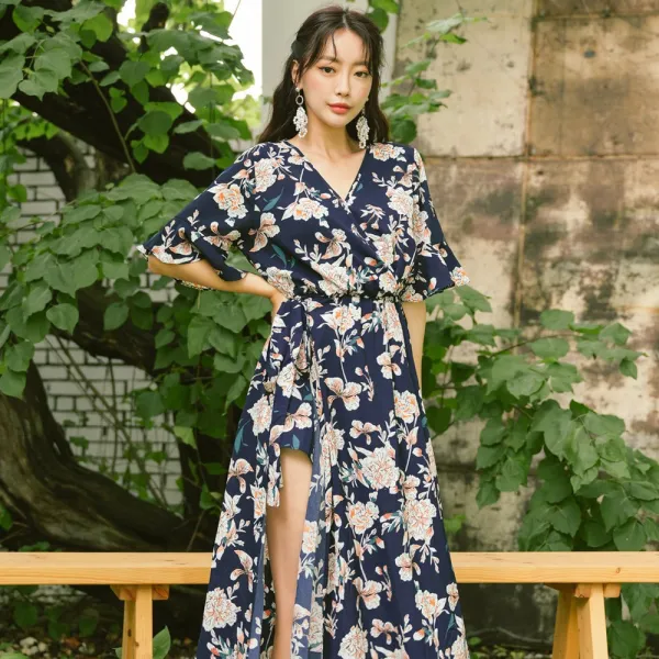 헤링본 프리티 롱 플라워 옆트임 비치원피스 반팔 비치웨어 바캉스룩 원피스 휴양지룩 HF113