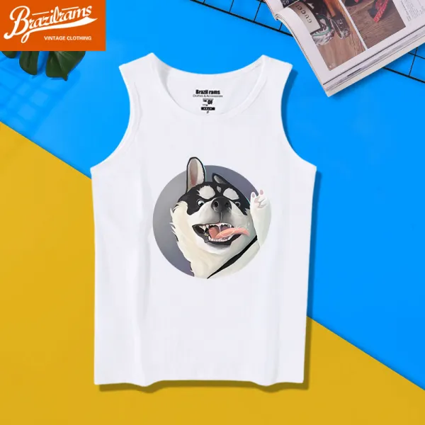 하스치 나시 남 여름 학생 캐주얼 순면 악랄 얼하 개 패턴 어깨 민소매 티 옷