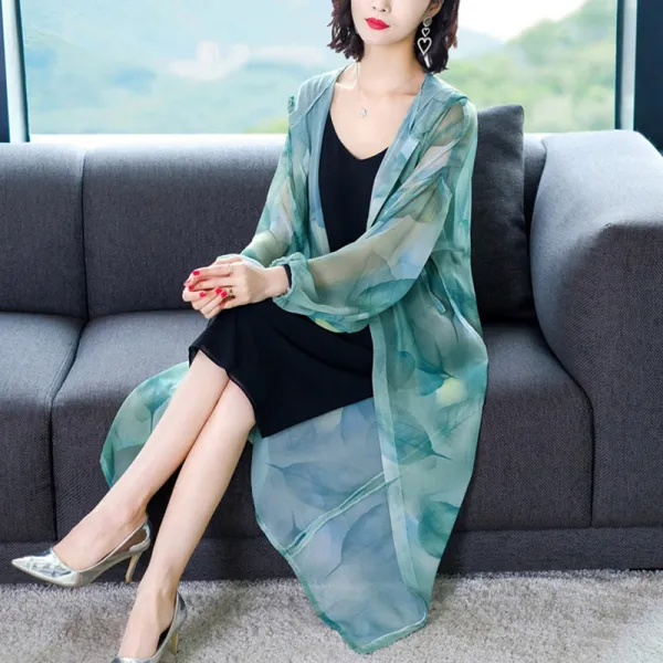 뉴타임인터내셔널 래시가드 여중 롱 쉬폰 숄 초선박 후드 아웃프린트 롱 셔츠를 세트하다. D5e19 A25