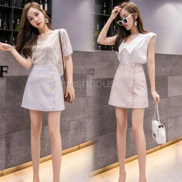 GM0655B 라인 웨이브 불규칙적인 스퀘어패턴 러블리 여성 미니 스커트