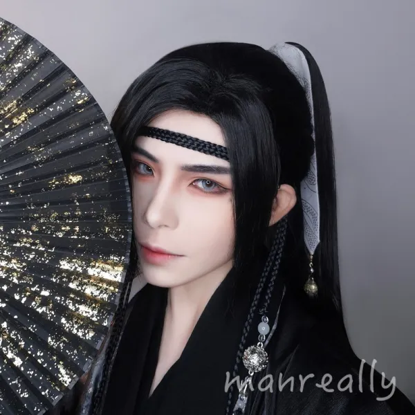 남자 진정한 가발 Hanfu 고대 스타일 가발 의상 스타일 남성 기사 포니 테일 비스듬한 앞머리 웨이 진 Cos 유니버설 가짜 머리 내추럴 블랙 전송 네트워크