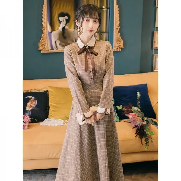 봄 가을 청순 소개칭룩 긴팔 체크무늬 리본 스트랩 여성 롱 원피스 베이지 컬러