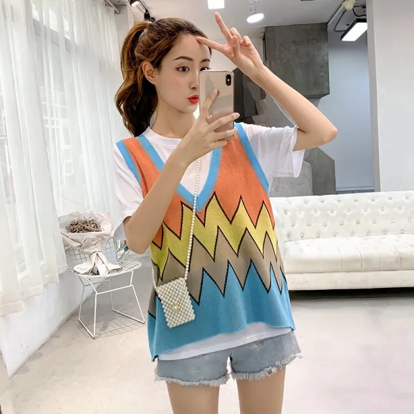 데일리룩 패션 솔리드 라운드 반팔티x니트조끼 코디 캐쥬얼 데일리