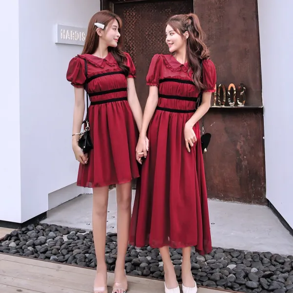 패션이루 쉬폰 여름 롱 원피스 여성 프릴 카라 A라인 미니 반팔