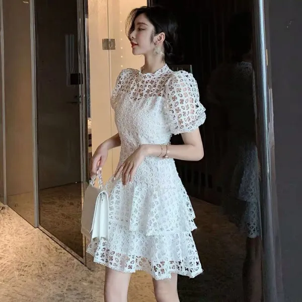 반팔레이스원 화이트 물에 녹다 레이스원피스 여름 펀칭 작은 키 스윗 벌룬소매 캉캉 x2개 2087308956