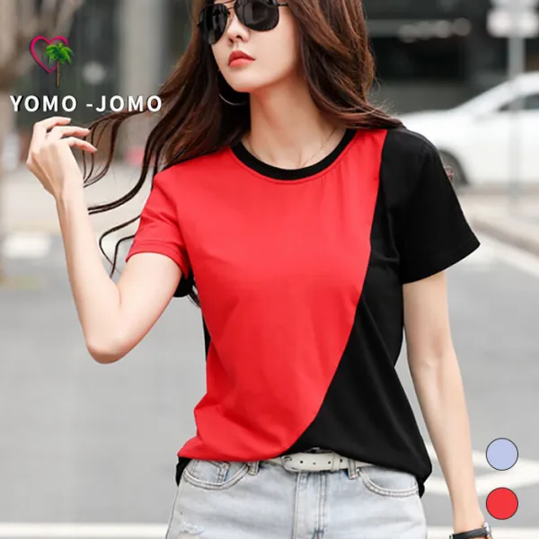 요모조모 여성 라운드넥 언발란스 컬러드 반팔 티셔츠 YJS383
