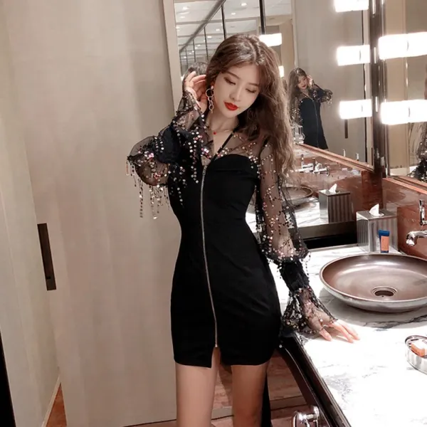 스팽글 망사 패치 여신 범 옷 슬림해 보이는 슬림 백 힙 추동 원피스 여 패션 양키즈
