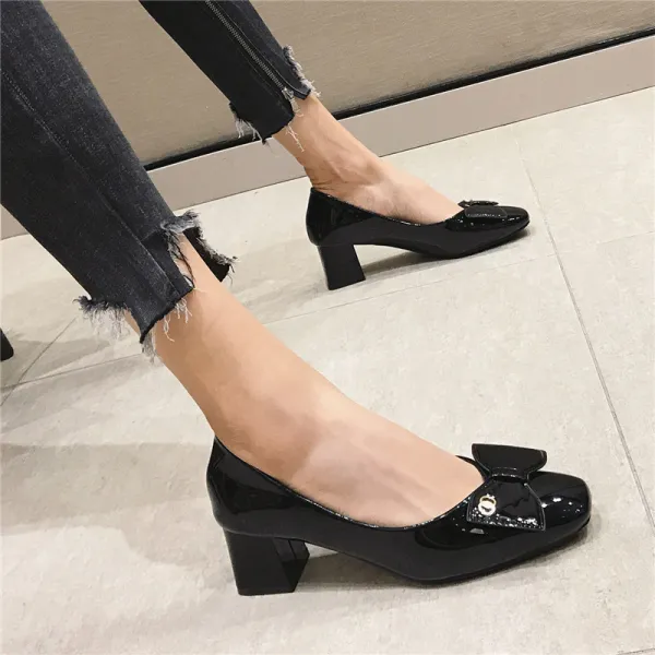 레드 결혼함 슈즈 여성 칠함 가죽나비 결사각코 단화 청키 5cm 펌프스 미들굽 여자