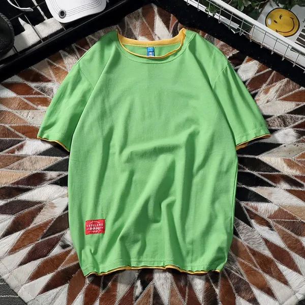 남자루즈핏티셔츠 밀리터리티셔츠 루즈핏롱티셔츠 남성브이넥티셔츠 복고 페이크투피스 반소매 티셔츠 남성 트렌드 M41669234