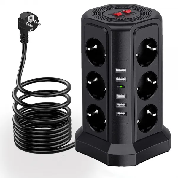 KUTUMAI 타워 멀티 전원 스트립 수직 EU 플러그 5 USB 과부하 보호기 스위치가있는 12 웨이 콘센트 소켓 여러 수직 전원 스트립