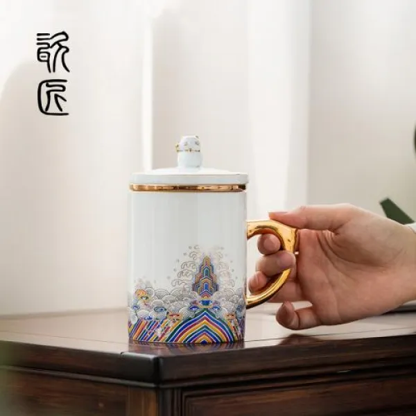 뚜껑머그 사기장이 법랑채 도자기물컵 은화 사무실 찻잔 있음 여과 개인 머그컵 대용량 바닷물 강벼랑 유은복 쥐 컵 멎다/