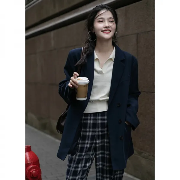 확정함 정장 코트 여성 봄가을 와이드 루즈핏 디자인 감각 보이핏 볼륨 양복 상의 가을 블루