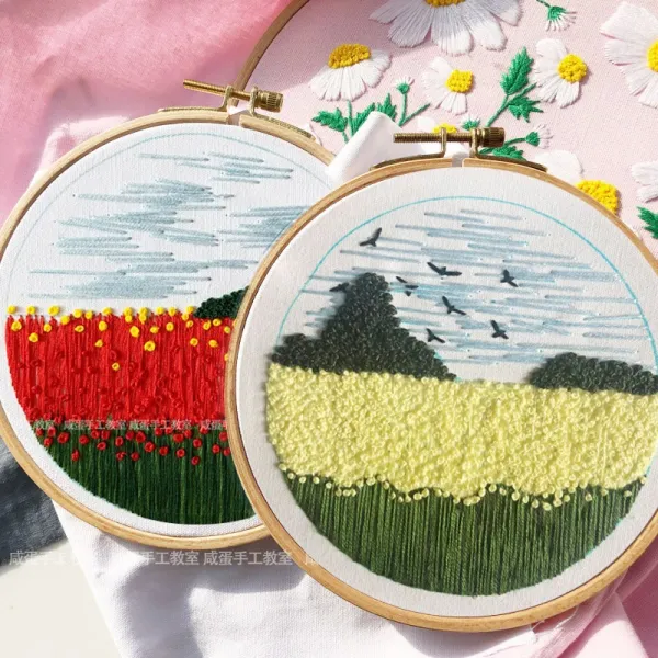 자수패키지 수공예 자수 DIY재료 세트 유럽풍 초보자 선물 풍경, T07-레드색+노란색 산비탈 2(미포함 십자수틀)