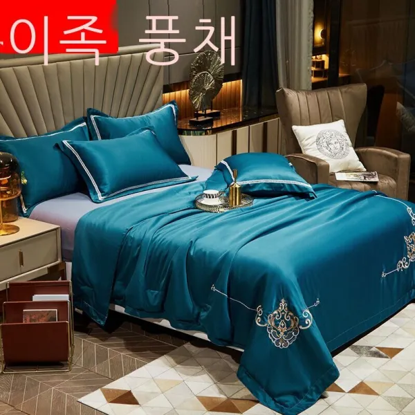 이인풍 여름이불 순색 심플한 북유럽풍 여름이불 물세탁 얼음자수 에어컨 이불 싱글.m. 미여름 얇은 이불 가정용 연지색 *cm 홑여름 이불, 푸르다