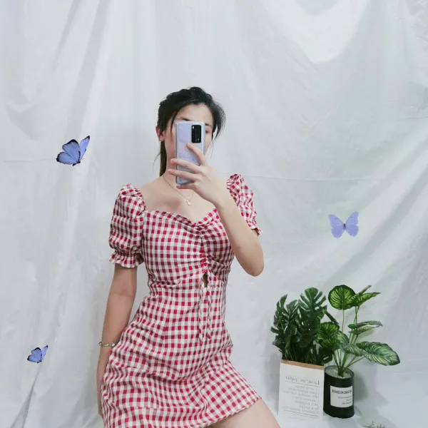 프렌치 프레시 버블 소매 체크 달콤한 원피스 여 여름 2020 넥 숏 스커트