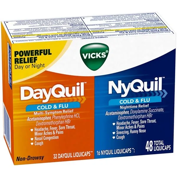 Vicks DayQuil and NyQuil SEVERE Cough Cold Flu Powerful 콜드 & 플루 Relief 데이콜 나잇콜 콤보 목감기 열감기 완화 48cap, 1개