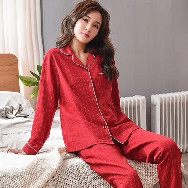 여자홈웨어 봄가을 여성 잠옷 긴팔 순면 가을 얇은스타일 홈웨어 가을겨울 여학생타입 빨간색 태어난띠 세트