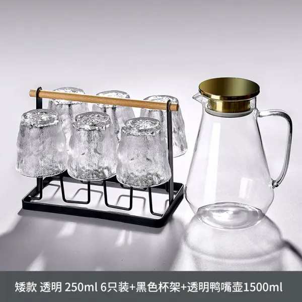 일본식 컵 빙하 무늬 유리 컵 가정용 거실 컵 기구 마시다 물컵 대접하다 녹차 컵 세트 고급 회색 드롭 만 + 검은색 컵 받침대 + 고급 회색 삼각 주전자, 투명 왜소한 6마리 + 블랙 컵홀 + 투명 오리 주전