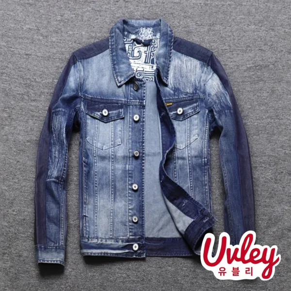 유블리 남자 배색 무늬 워싱 청자켓 슬림핏 빈티지 캐주얼 아우터 Uv2113023se