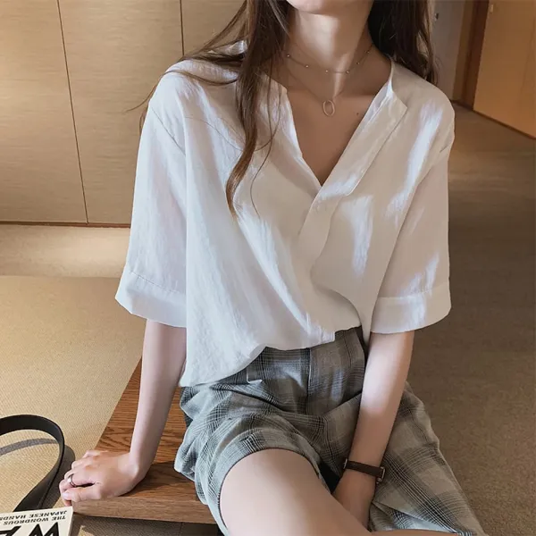 위파인더 여름 디자인에 소질이 묻어나는 블라우스 여한판 박시 브이넥 스타일의 우아한 반팔 셔츠