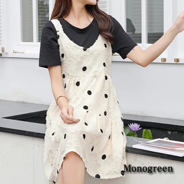 모노그린 도트 민소매 원피스 라운드넥 티셔츠 투피스 세트 빅사이즈 Vince289