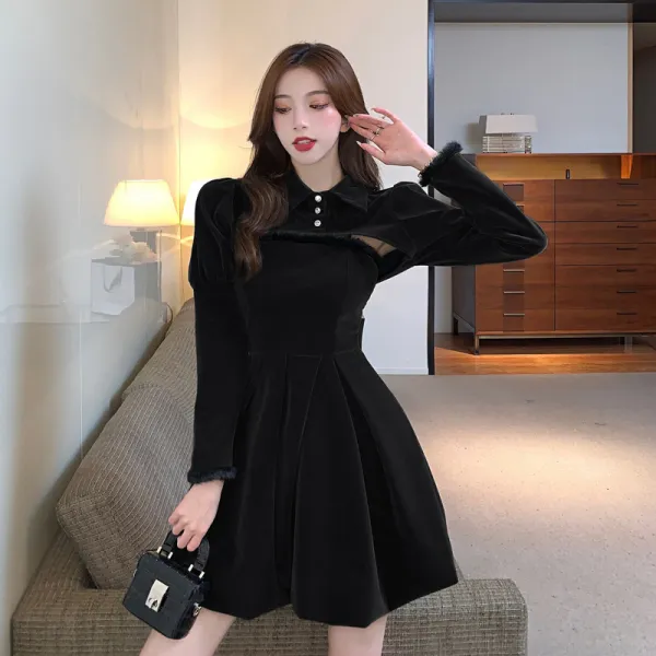 벨벳 드레스 퍼프소매 숄 꽃봉오리 스커트 하이웨이스트 슬림 원피스녀