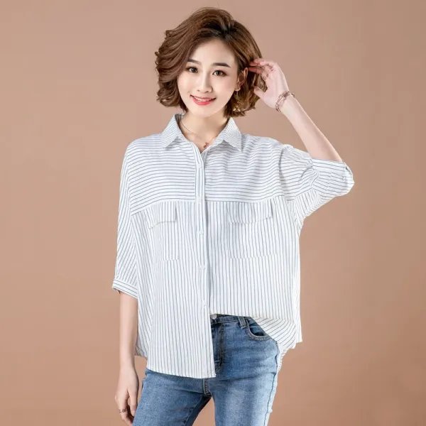 패션이루 빅사이즈 스트라이프 셔츠 여름 패션이루 린넨 미시 루즈핏 면